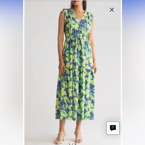 CALVIN KLEIN Floral Commuter Maxi Dress,Sz.6,blue/neon green!NWT